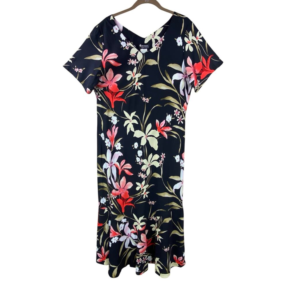 Vintage Hawaiian Maxi Dress Size L Black Floral Tropical Beach New With Tags